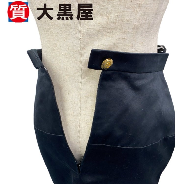 【大黒屋82】CHANEL シャネル スカート タイト ブラック 黒 コットン レディース 無地 ココマーク フランス製 ヴィンテージ ひざ丈