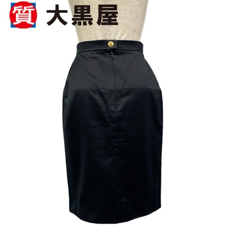 【大黒屋82】CHANEL シャネル スカート タイト ブラック 黒 コットン レディース 無地 ココマーク フランス製 ヴィンテージ ひざ丈