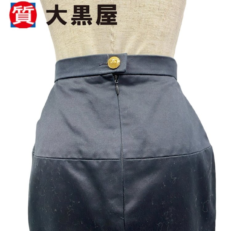 【大黒屋82】CHANEL シャネル スカート タイト ブラック 黒 コットン レディース 無地 ココマーク フランス製 ヴィンテージ ひざ丈