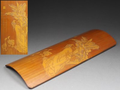 ▲煎茶道具・古竹・茶合・人物風景図紋・茶量・仙媒▲se185ｈ 