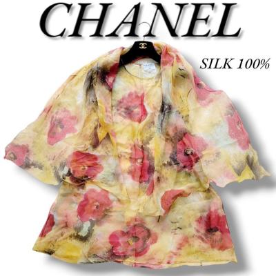 希少93A ヴィンテージシャネル CHANEL スカーフ付きシルク100% シフォン カメリア ワンピース　Stole ストール ドレス マルチ オールド