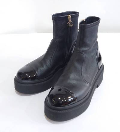 CHANEL シャネル 厚底 レザー ショート ブーツ ブラック 38 Y-31430B