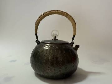 時代 純銀製 一東斎造 般若心経・蓮花彫刻 湯沸 工芸品 古美術品 銀瓶 煎茶道具