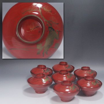 《源》【即決・送料無料】《明治期》(2)朱塗 老松・水汲み蒔絵入 時代物 吸物椀 7客揃い