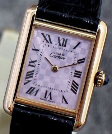 希少！2003年限定 カルティエ マストタンク W1017554 ローマン 市松模様 薄パープル GP ゴールド Dバックル レディース クオーツ 時計 2402