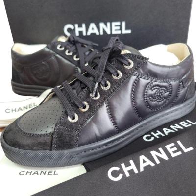 未使用級 シャネル ココマーク パールモチーフ ナイロン スエード クラシックスニーカー カーフレザー CHANEL 14P G29917 Y15397 23cm 黒