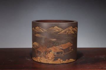 『古』【底款・楊季初 山水筆立】重量1639g 朱泥 段泥 煎茶道具 急須 単孔口 唐物 孟臣 紫砂壺 紫砂壷 茶壷 茶壷 明代/清代