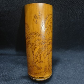 茶道具 茶合 煎茶茶則 茶量 竹彫り高士観瀑図 時代物 竹細工 旧家蔵出 中国茶