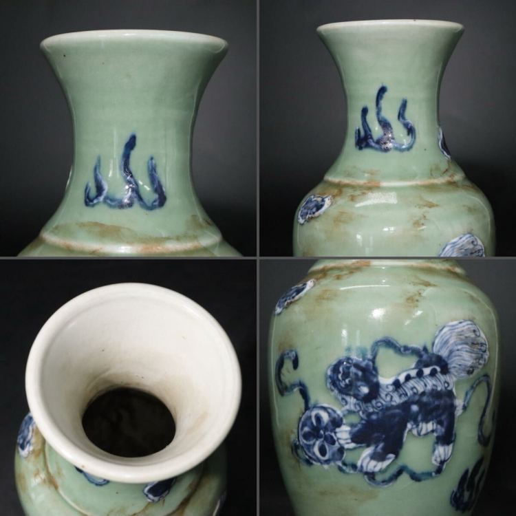 大清?雍正年製　款　青磁　・　青釉　獅子図　花瓶　/　中国美術　清?　雍正　青花　豆青釉　.Ｂ1327