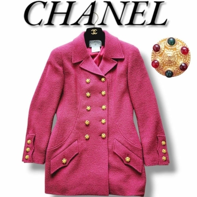 CHANEL ヴィンテージ シャネル 96A グリポワボタン 宝石ボタン ツイード ダブルジャケット コート サイズ38 ダークピンク P08308V05122