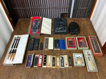書道具 硯 墨 筆 まとめて 中国美術 中国墨 習字 古梅園 天義堂 清曹素功 中國墨 細密 彫刻 細工
