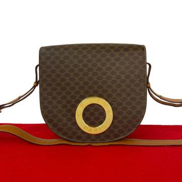 1円 極 美品 CELINE セリーヌ ヴィンテージ マカダム ブラゾン サークルロゴ 金具 レザー 本革 ショルダーバッグ ポシェット ブラウン