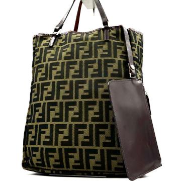 《美品》 FENDI フェンディ ズッカ柄 レザー ジャガードキャンバス トートバッグ ポーチ付
