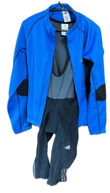 adidas サイクリングウェア 上下セット ブルー ブラック 日本Lサイズ　 サイクルジャージ 裏起毛・長袖＆3/4ビブタイツ・パッド付