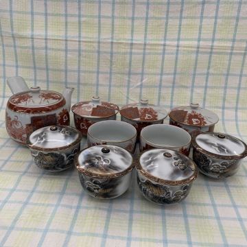★ 九谷焼 湯呑み 急須 10点セット 茶器 墨山水 赤絵 金彩 煎茶道具 和食器