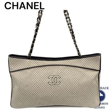 ￥1〜 CHANEL Vintage 7番台 ココマーク チェーン ショルダー バッグ キャンバス レザー アイボリー&times;ブラック made in France シール有