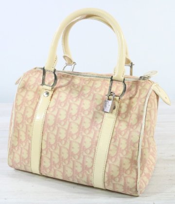 【ト足】Christian Dior クリスチャンディオール ミニボストンバッグ トロッター柄 ホワイト系&times;ピンク系 BO G 0054 CM101CMM69
