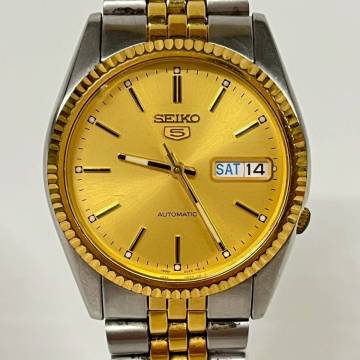 1円~【実動】セイコー SEIKO 5 ファイブ 7S26-0500 自動巻き メンズ腕時計 ゴールド文字盤 デイデイト 裏スケ 21石 3針 純正ブレス K200867