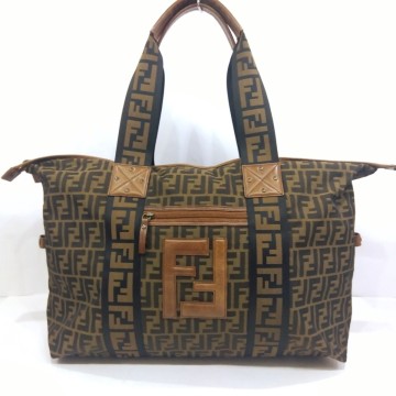 未使用 フェンディ FENDI 大容量 ボストンバッグ トートバッグ レザー キャンバス ズッカ柄 FF ブラウン