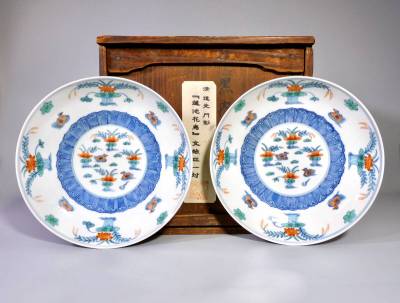 清時代　豆彩蓮池花鳥文皿一対　大清道光年製在銘　箱付　初荷　（鎌倉旧家依頼品）　清　斗彩　染錦　時代物　伝世品　