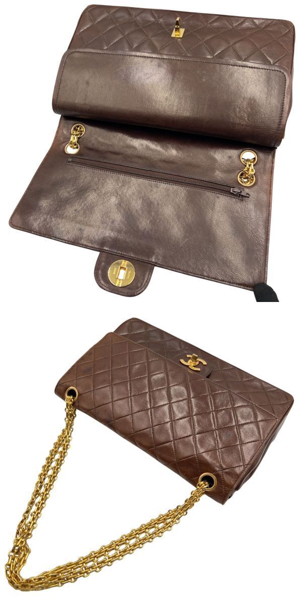  0221■1円 美品 CHANEL シャネル Wフラップ25 チェーンショルダーバッグ ココマーク マトラッセ ターンロック ブラウン ゴールド金具