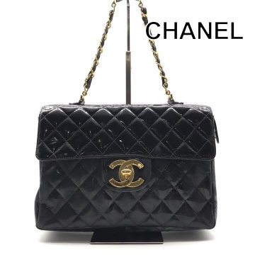 1円 CHANEL シャネル デカココマーク パテント マトラッセ チェーン ハンド バッグ ブラック レディース ターンロック ブランド 鞄 a12165