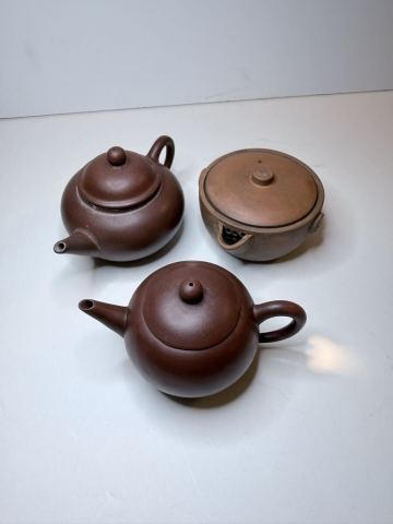 【訳あり】中国古玩 紫砂壺 急須 3点まとめ 底款 印あり ニュウ（ひび）あり 朱泥 茶道具 唐物 煎茶道具 時代物 骨董 宜興 宝瓶 現状品