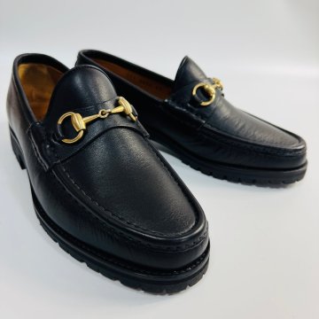 美品/41 26cm程度●グッチ GUCCI ホースビット ローファー ラバーソール 革靴 シューズ ゴールド金具 メンズ 黒 ブラック