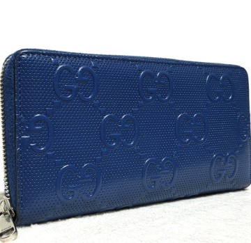 極美品/現行 ■GUCCI ラウンドジップ 長財布 ジップアラウンド ウォレット GGエンボス パンチング レザー グッチ メンズ 青 ブルー 625558