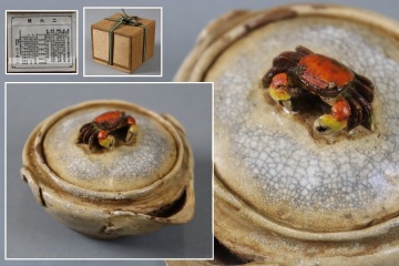 煎茶道具 二六焼 佐々木二六 蟹摘 宝瓶式急須 共箱 時代物 茶道具 茶器 細密細工 古美術品[e363]