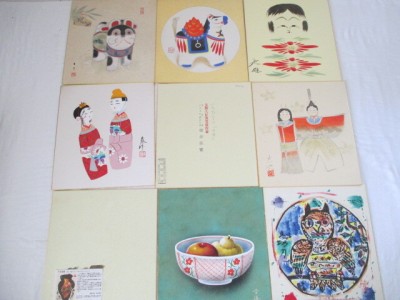 ■TA4218■色紙絵/こけし他縁起物/肉筆と印刷/裏に来歴有り/9点