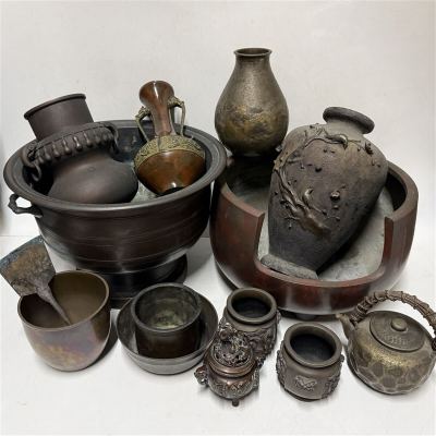 017 時代物 古銅 総重量 17kg 煎茶道具 中国美術 古玩 金属工芸 銅製品 検索:(瓶掛 火鉢 花瓶 香炉 薬缶 建水 灰慣らし 風炉)