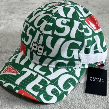 未使用品 パーリーゲイツ ゴルフキャップ 帽子 PEARLY GATES ロゴ総柄 ユニセックス グリーンホワイト タグ付き ワッペン