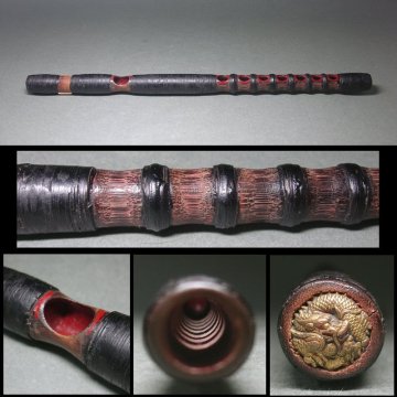 慶應◆江戸時代 雅楽器 能管 煤竹・樺巻造 頭金は金銅龍図（和楽器横笛龍笛高麗笛篳篥神楽笙