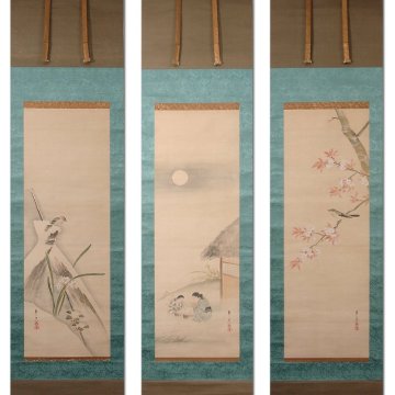 慶應◆江戸琳派の大家【鈴木其一】真筆 絹本著色 花鳥人物図三幅対 掛軸 酒井抱一の愛弟子