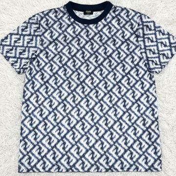 未使用級 【通気性抜群】Lサイズ フェンディ FENDI Tシャツ 半袖 カットソー ズッカ柄 総柄 ネイビー 紺 メッシュ メンズ FF
