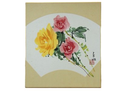 ★☆2．【真作保証】色紙 日本画 藤森兼明 ふじもりかねあき『花』 /富山県砺波市出身 師：高光一也 ☆★