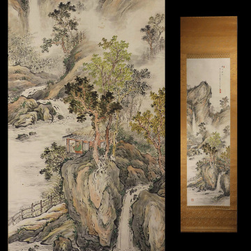 【真作】EV73 旧家初出 在銘 山水 細密 水墨 肉筆 紙本 掛軸 / 中国古玩 清代 明代 清朝期 古画 古筆 江戸期 花鳥図