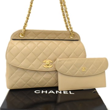 1円◎極美品 CHANEL シャネル チェーンショルダーバッグ マトラッセ ココマーク ラムスキン レザー ベージュ◎E.Dme.dst-26