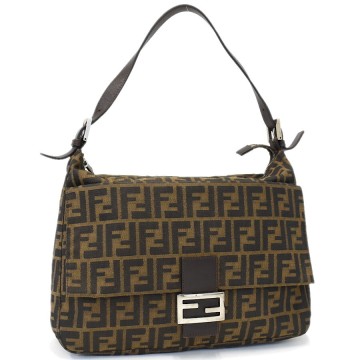1円◎極美品 FENDI フェンディ ショルダーバッグ マンマバケット ズッカ柄 キャンバス レザー カーキ ブラウン◎E.Col.zE-27