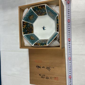 九谷焼 和食器 菓子鉢 陶器 陶磁器 鉢 大鉢 飾皿 色絵　九谷青郊　木箱入り　未使用品　アンティーク　レトロ