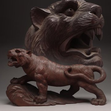 FD490 時代木彫 在銘 大振 重厚 木彫「虎/猛虎」置物 幅57.5cm / 重6kg「岩上に虎」床置 床飾 古美術