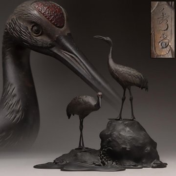 FG225 明治金工【金工師 秀尚 作】銅/四分一銀 金嵌眼「鶴/夫婦鶴」一対 置物 幅41cm / 総重3.5kg・「波岩上双鶴亀」床置 古美術
