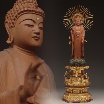 FG056 仏教美術 彫眼 木造「阿弥陀如来立像」彩色金箔仕上蓮台 全高44cm / 仏高20cm・木雕阿彌陀佛像 仏像彫刻 古美術