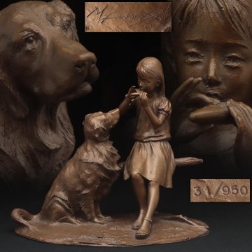 FF179 【大道寺光弘 作】ブロンズ FRIENDS フレンズ 少女と犬「小さなメロディー」置物 高24.5cm / 重4.9kg 限定31/950