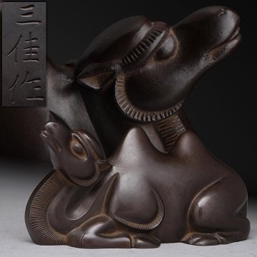 FD137 【鋳師 北原三佳 作】鋳銅造「駱駝水滴」木箱附 幅10cm・鋳銅双瘤駱駝水滴・駱駝硯水滴 書道具 文房四宝