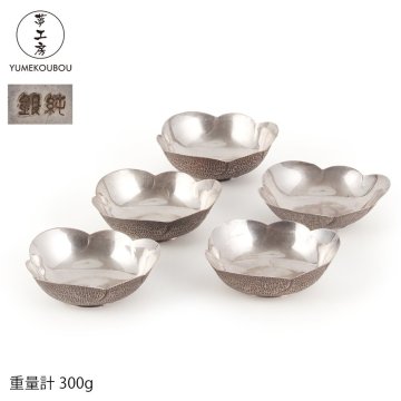 【夢工房】純銀 梅花形 茶托 五客 時代箱　重量計300g 銀純度99.99％　BG-094