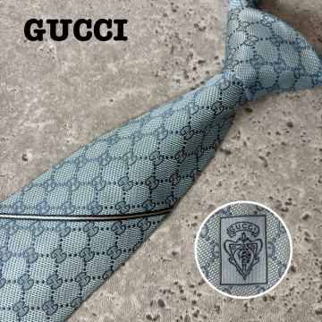 ●1円〜 ●未使用級 ●GUCCI グッチ ネクタイ GG シルク100 総柄 ビジネス イタリア製 ネイビー ブルー メンズ スーツ シャツ カフス 