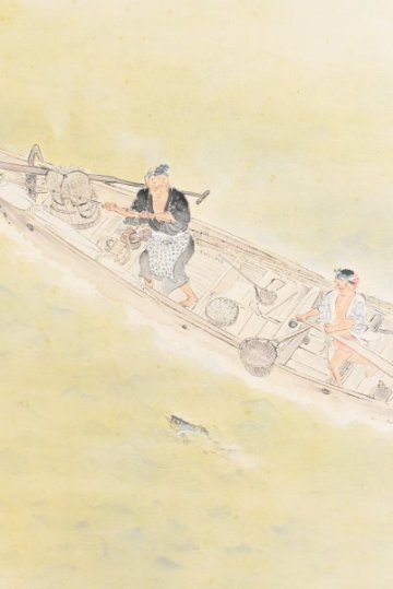 K7301 真作 中村左洲「すゝき釣」絹本 共箱 二重箱 肉筆 磯部百鱗師事 鱸 日本画 漁 茶掛 骨董 絵画 中国 掛軸 掛け軸 古美術 三重の人 鯛