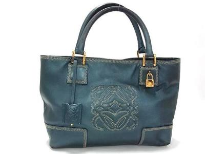 1円 LOEWE ロエベ アナグラム アマソナ フスタ レザー カデナ 南京錠 ハンドバッグ トートバッグ レディース メタリックブルー系 HA3709
